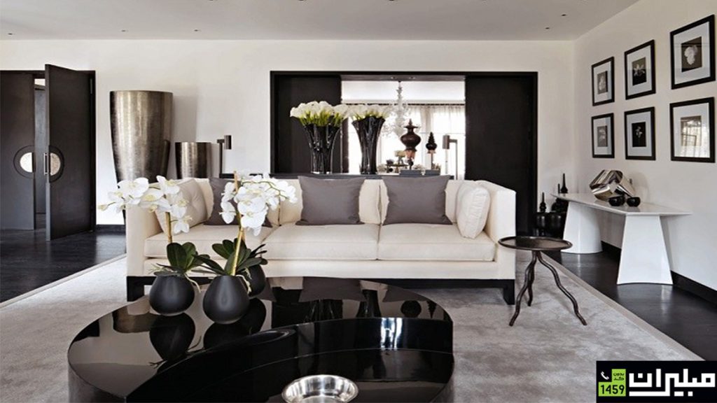 دکوراسیون داخلی اتاق نشیمن سیاه و سفید مبلیران اصل